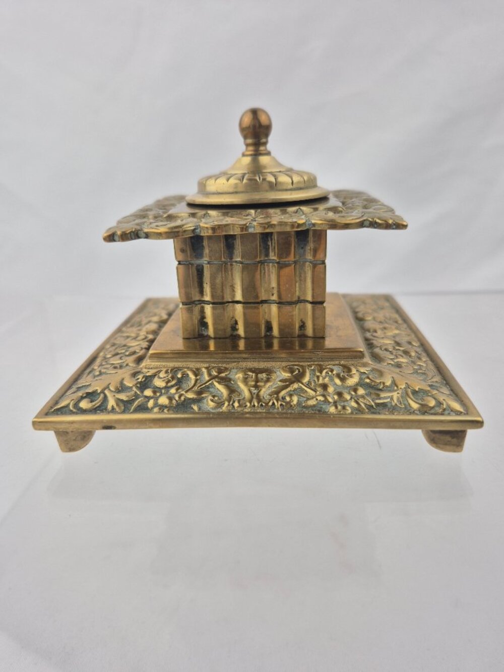 Victorian-Era Ornate Cast Brass Pagoda Shaped Inkwell Office Desktop